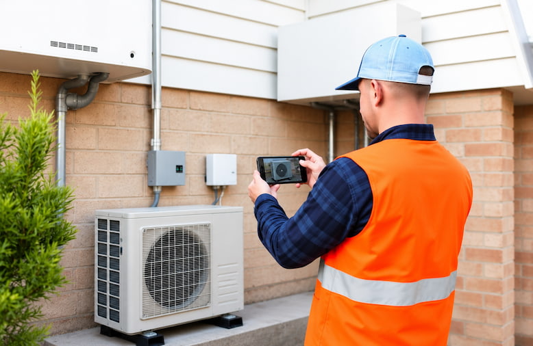 Plumber capturing compliance evidence on tablet during heat pump hot water install
