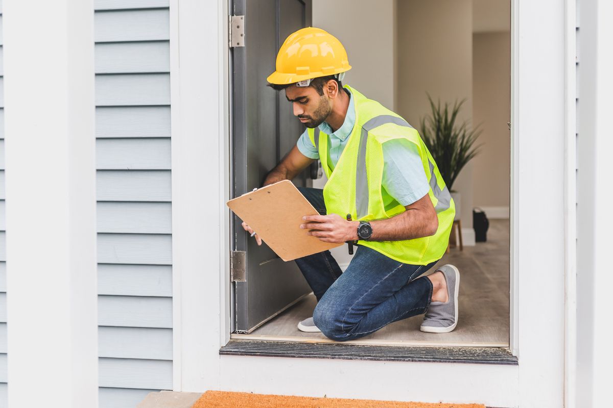 Rental compliance inspector with a clipboard checking the front door of a house
